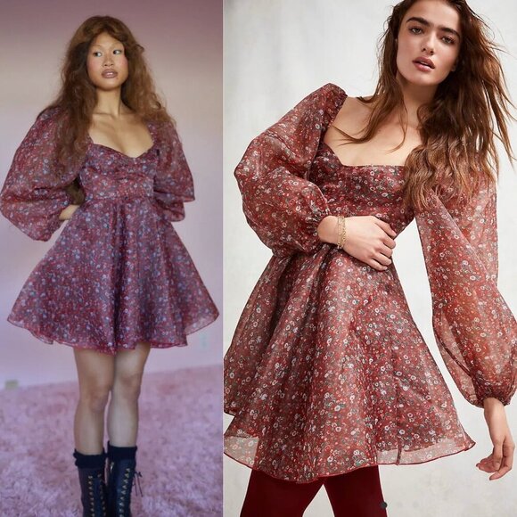 Selkie Princess Crimson Darling Red Floral Puff Sleeve Organza Mini Dress Size S - Picture 2 of 15